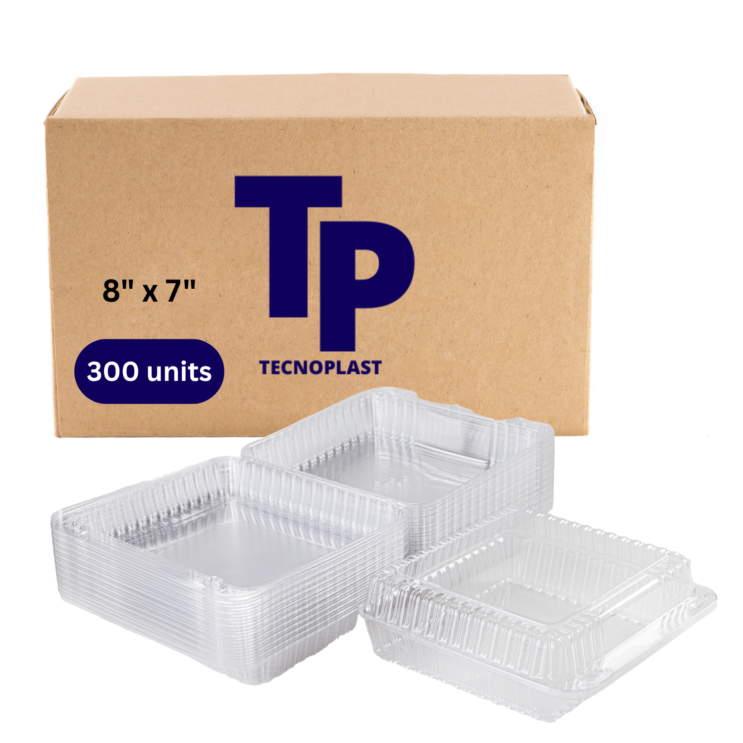 Contenedores de Plástico Transparente para Alimentos, tipo Clamshell Desechables para Llevar — Cajas To Go de 8 x 7 pulgadas para Ensaladas, Snacks y Comidas (300 unidades)